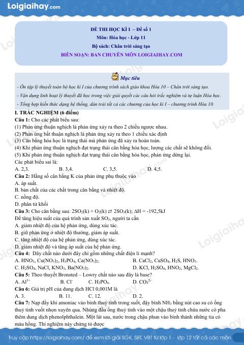 Đề thi giữa kì 1 Hóa 11 Chân trời sáng tạo - Đề số 1